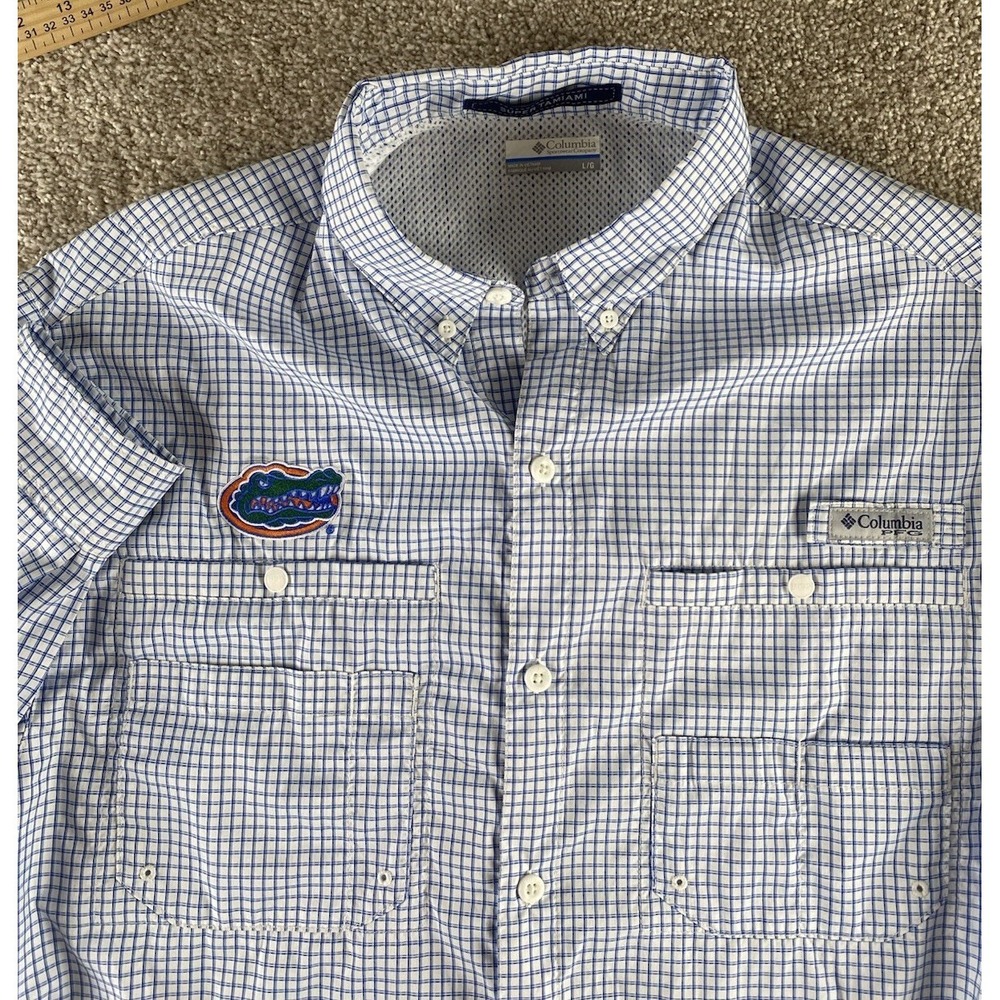 Columbia Super Tamiami Omnishade Blue Plaid Florida Gators PFG Shirt Mens L